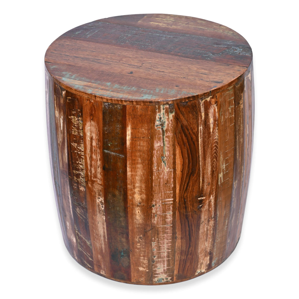 Reclaimed Wood Rustic Drum Barrel Style Side Table Stool Favors Handicraft