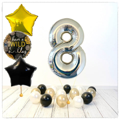 Zahlen Ballon Wild Birthday holographisch silber 8 Bouquet (mit Helium gefüllt) - Zahlen Ballon silber Bouquet