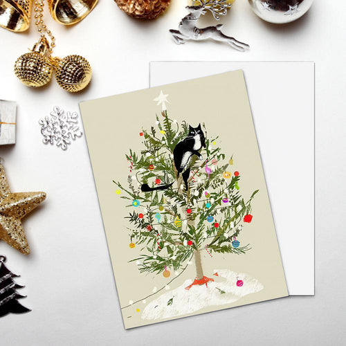 Funny Christmas Card With Christmas Tree Cat-Vertical Card