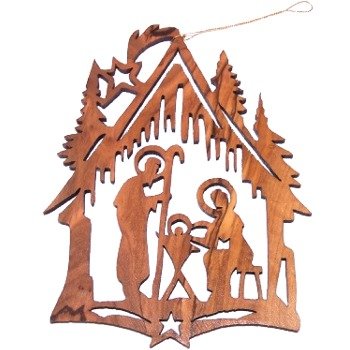 Nativity Manger Olive Wood Ornament - Laser Carving (11x8.5 cm or 4.3x3.3 di.