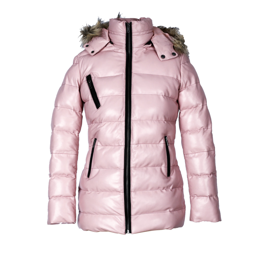 MKL - Puffer Jacket with Hood Fur Collar-Womens Fur Leather Jackets-MKL Apparel-S-Pink-MKL Apparel