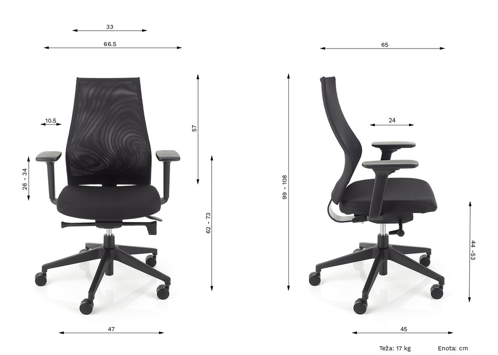 DIMENZIJE PISARNISKEGA STOLA DYNAMIC AIR CRNE BARVE