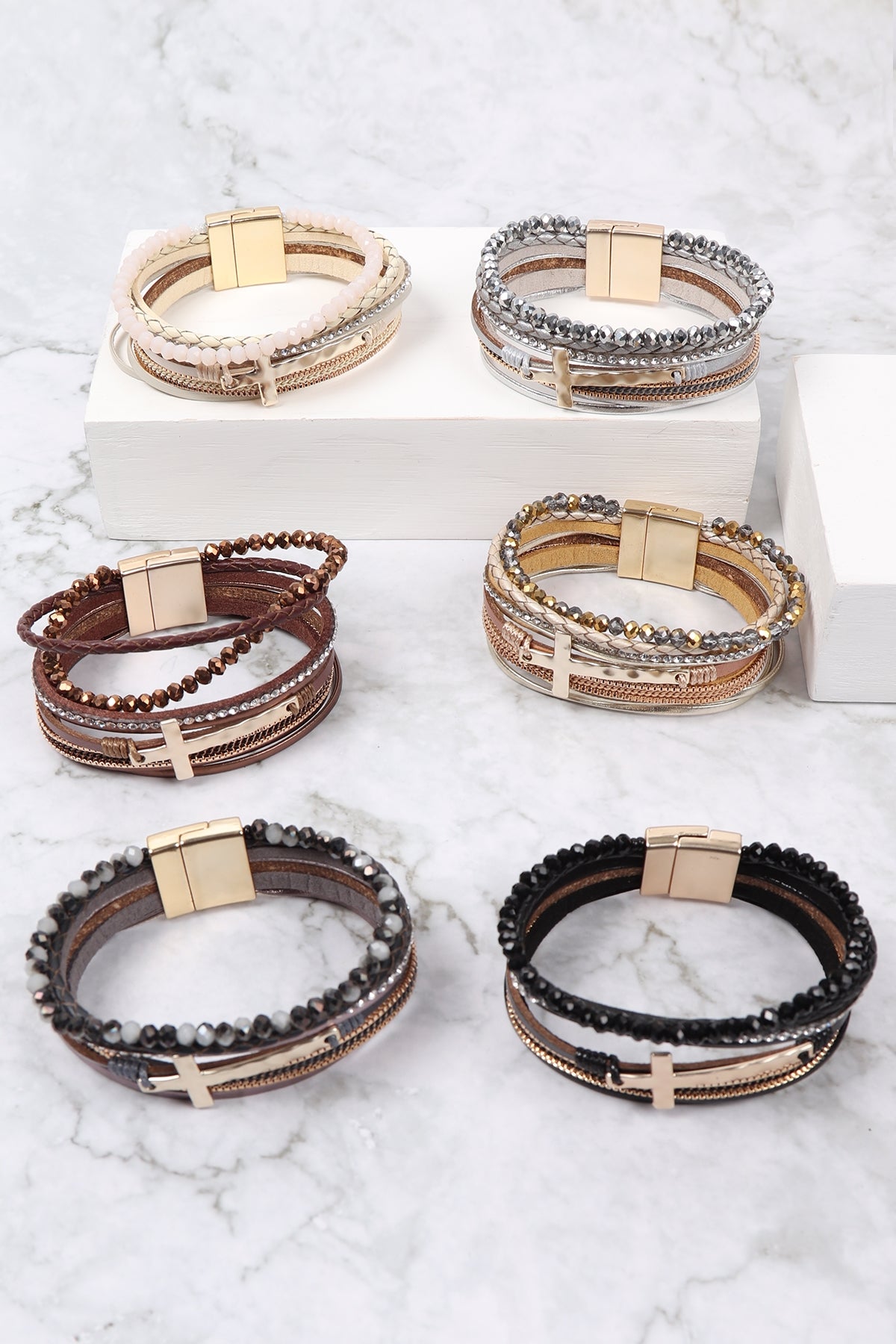 Mixed Metal Stacked Crystal Leather Wrap Silver Bracelet