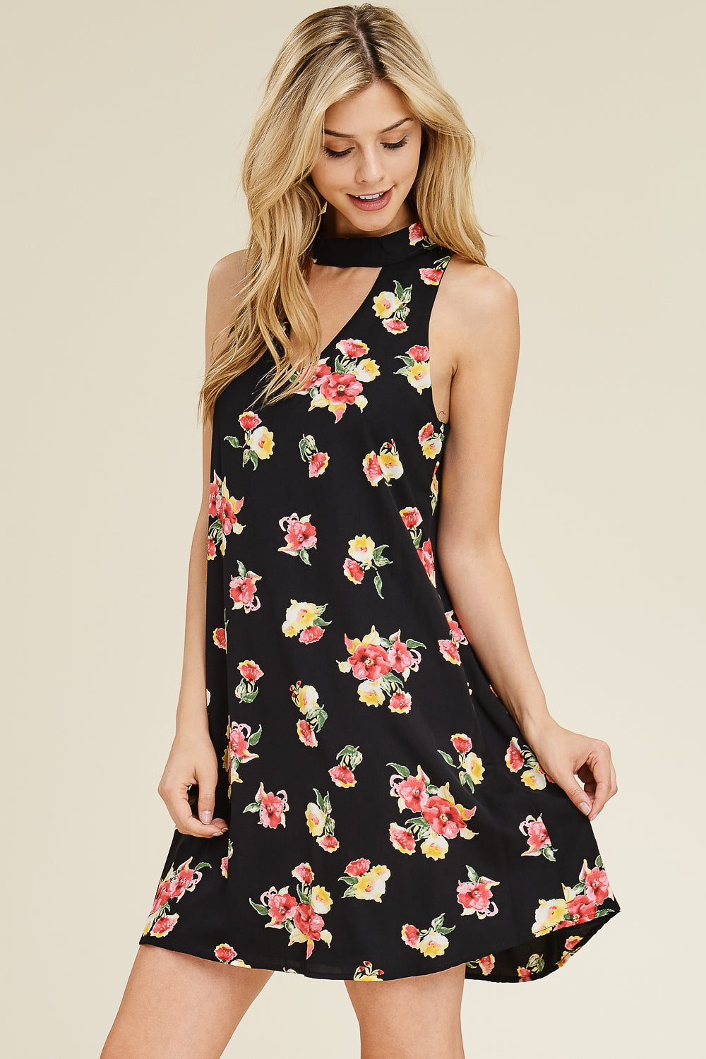 Sleeveless Floral Print Choker Neck Tunic Dress – Riah Fashion