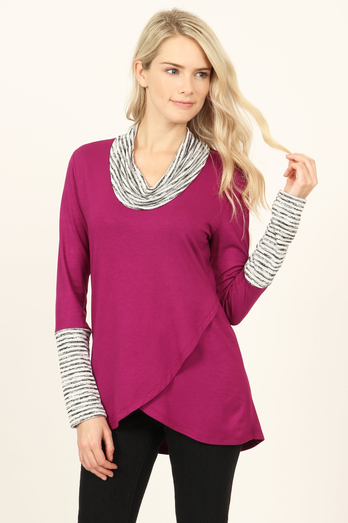 Striped Cowl Neck Overlap Tunic – Riah Fashion