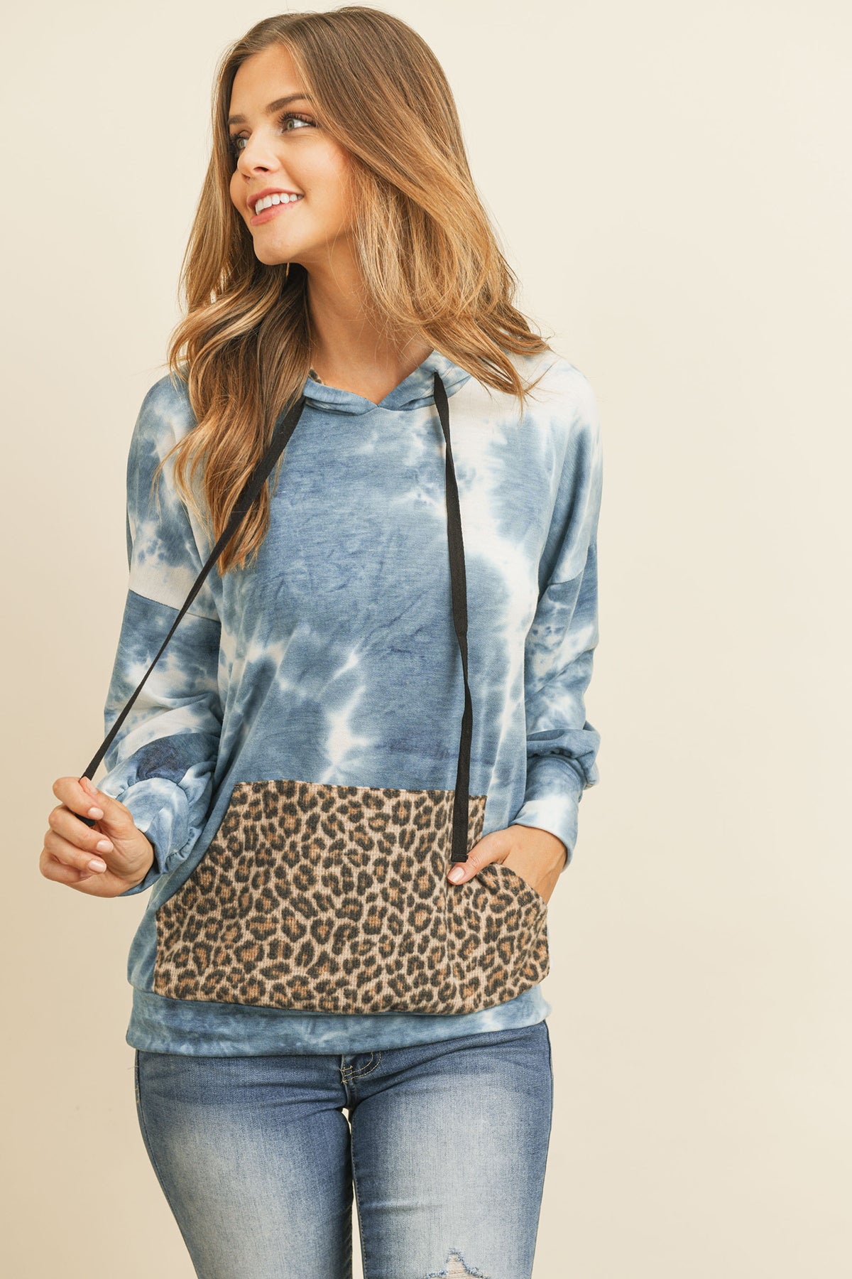 Tie Dye Long Sleeve Leopard Contrast Pocket Hoodie With Drawstrings