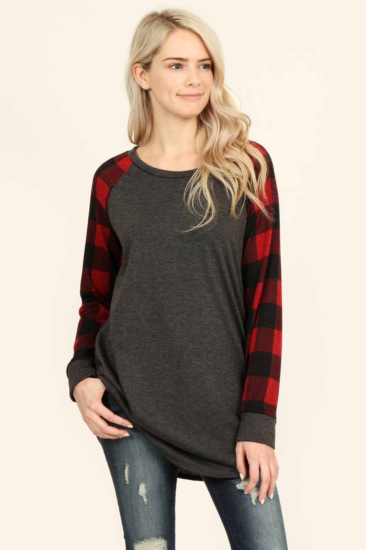 French Terry Plaid Sleeve Knit Tunic – Riah Fashion