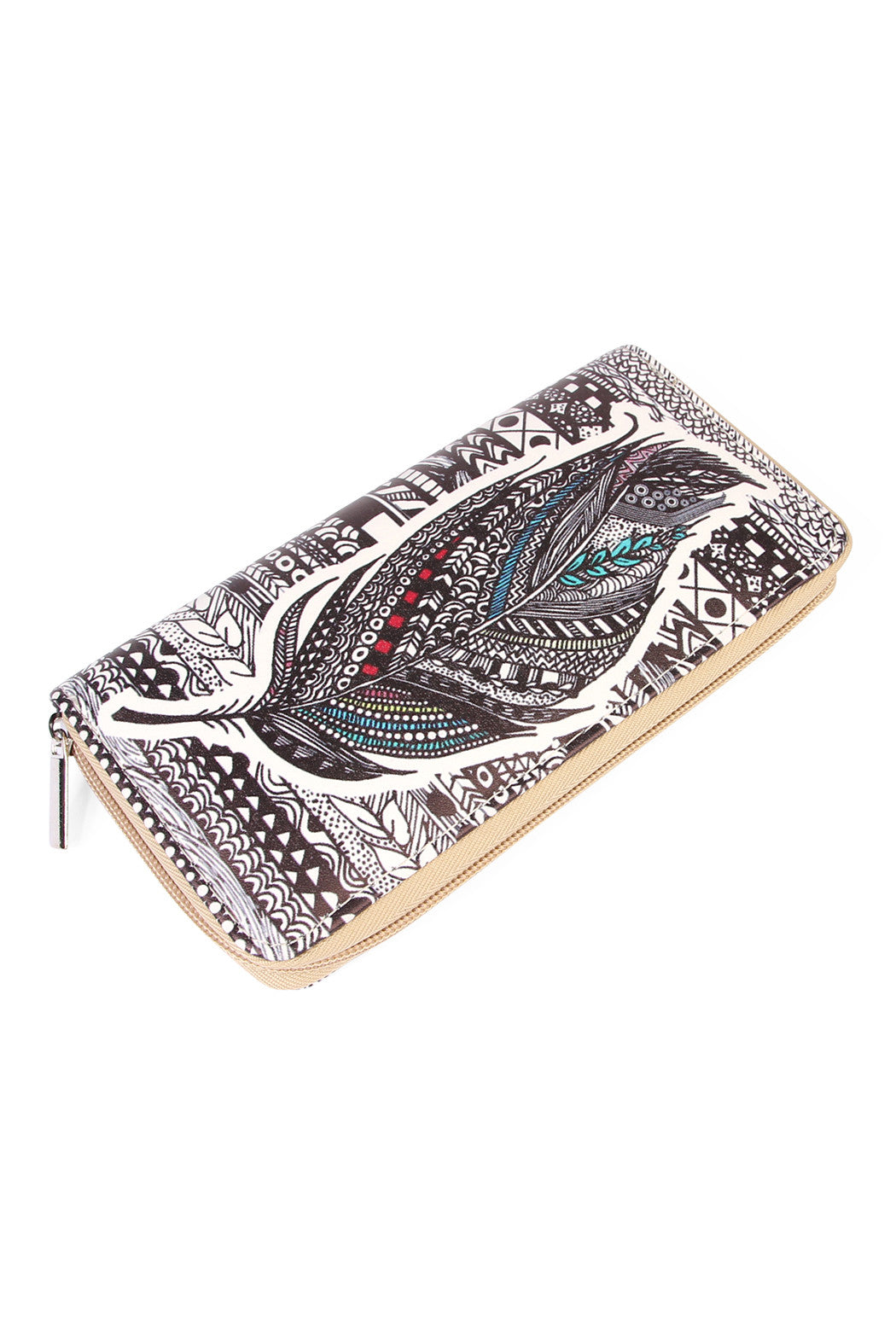 Oversize Feather Print Zipper Wallet