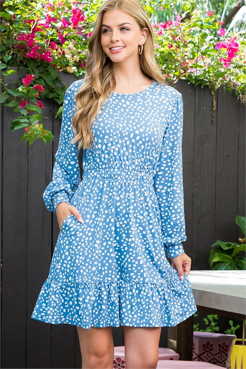 Puff Sleeve Elastic Waist Pebble Print Dress – Riah Fashion