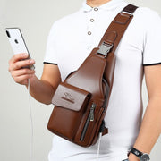 Men Chest Bag Shoulder Casual Cowhide Leather Large Capacity USB Charging