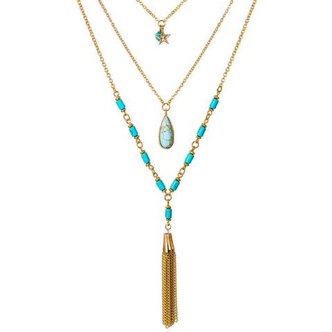 Layered Y-Necklace- Tassel Necklace Turquoise Charms