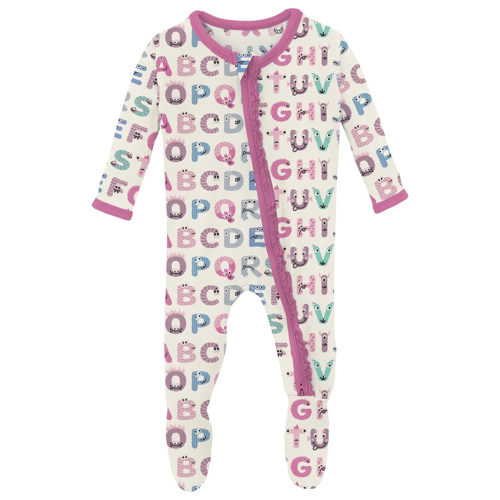Kickee Natural ABC Monsters | Muffin Ruffle Footie With 2 Way Zipper
