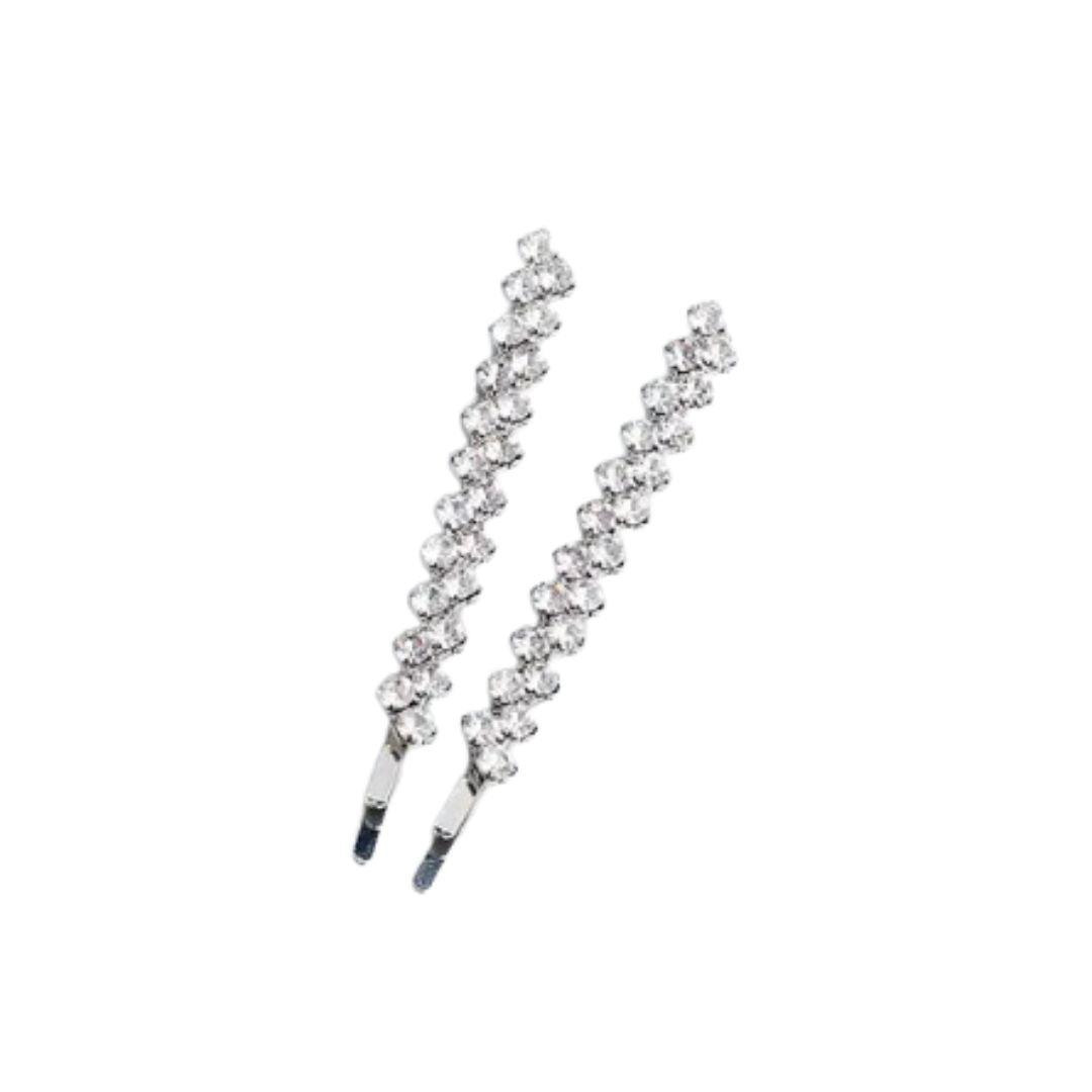 product picture with white background featuring set of two hair pins with offset double row large twinkling silver rhinestone design