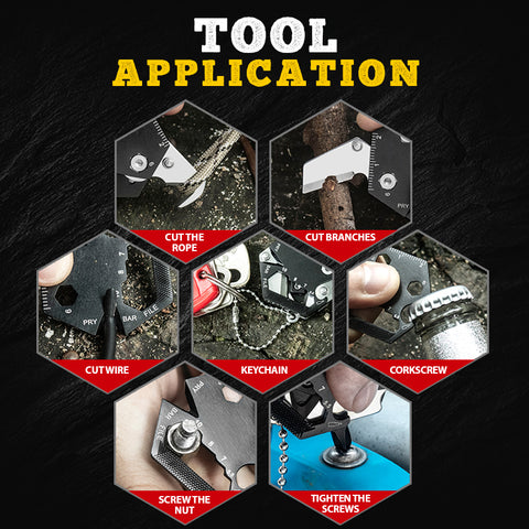 Many uses of the Multifunctional Hexagon Keychain Tool shown in image.