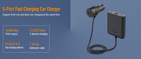 5 USB Port 100W at Front and Rear Car Charger with PD&QC Fast Charge