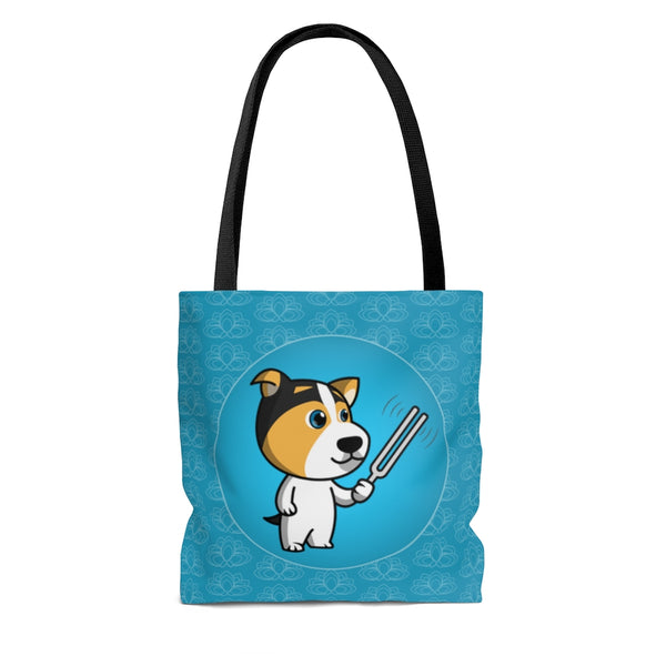 Jack Russell holding a vibrating tuning fork - Blue Tote Bag - Something Woo