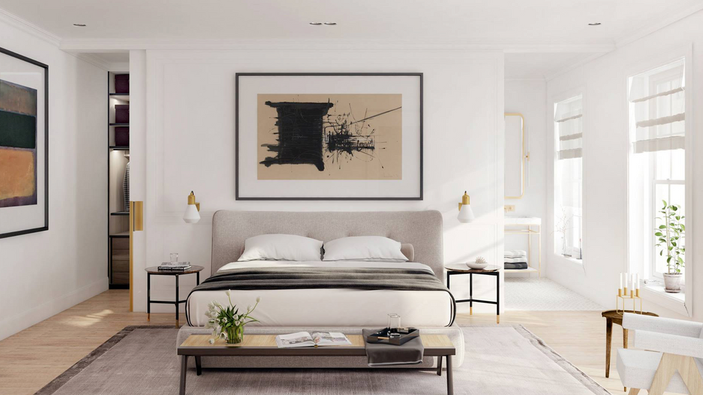 how to love your home, even if it's not perfect. buy something new. well designed master bedroom with bed, artwork, end tables, and bench.
