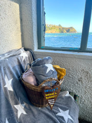 basket of blankets in the shelter at Readymoney Cove, Fowey