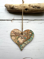 Wooden Fowey Map Heart Decoration