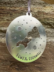 Fowey Cornwall Cut Out Map Aluminium Bauble Decoration