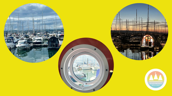Three photos on a yellow background all showing a floating boat pod in Brixham Marina
