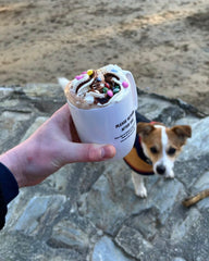 A hand holding a vegan hot chocolate at Readymoney Cove with a jack russell terrier in the background