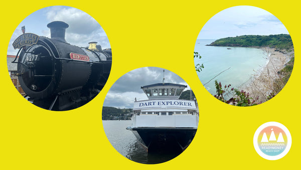 3 round photos on a yellow background showing the steam train at Kingswear, the Dart Explorer boat at Dartmouth and St Marys Bay beach near Brixham