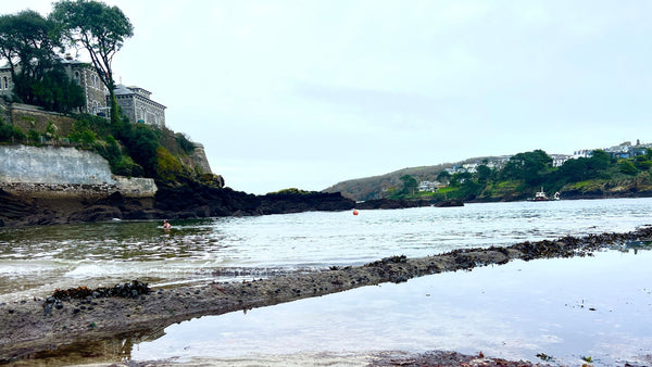The view over Readymoney Cove, Fowey, Cornwall showing the rockpools on a calm day