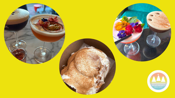 3 round images on a yellow background, 2 of two cocktails and 1 of a cinnamon bun cronut