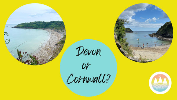 3 circles on a yellow background, one with a photo of St Marys Bay near Brixham, one with a photo of Readymoney Cove, Fowey and the other with the words Devon or Cornwall?