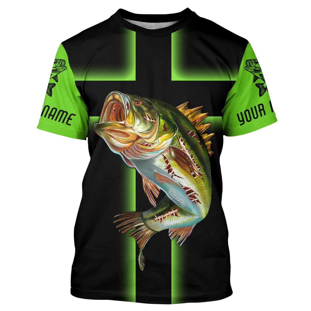 Jesus Christian Cross Bass Uv Fishing Shirts, Largemouth Bass Custom Fishing Shirts | Green IPHW3919