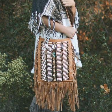 Tan-Colored Leather-Bag With Fringe Detail - Large & Square – Indian ...
