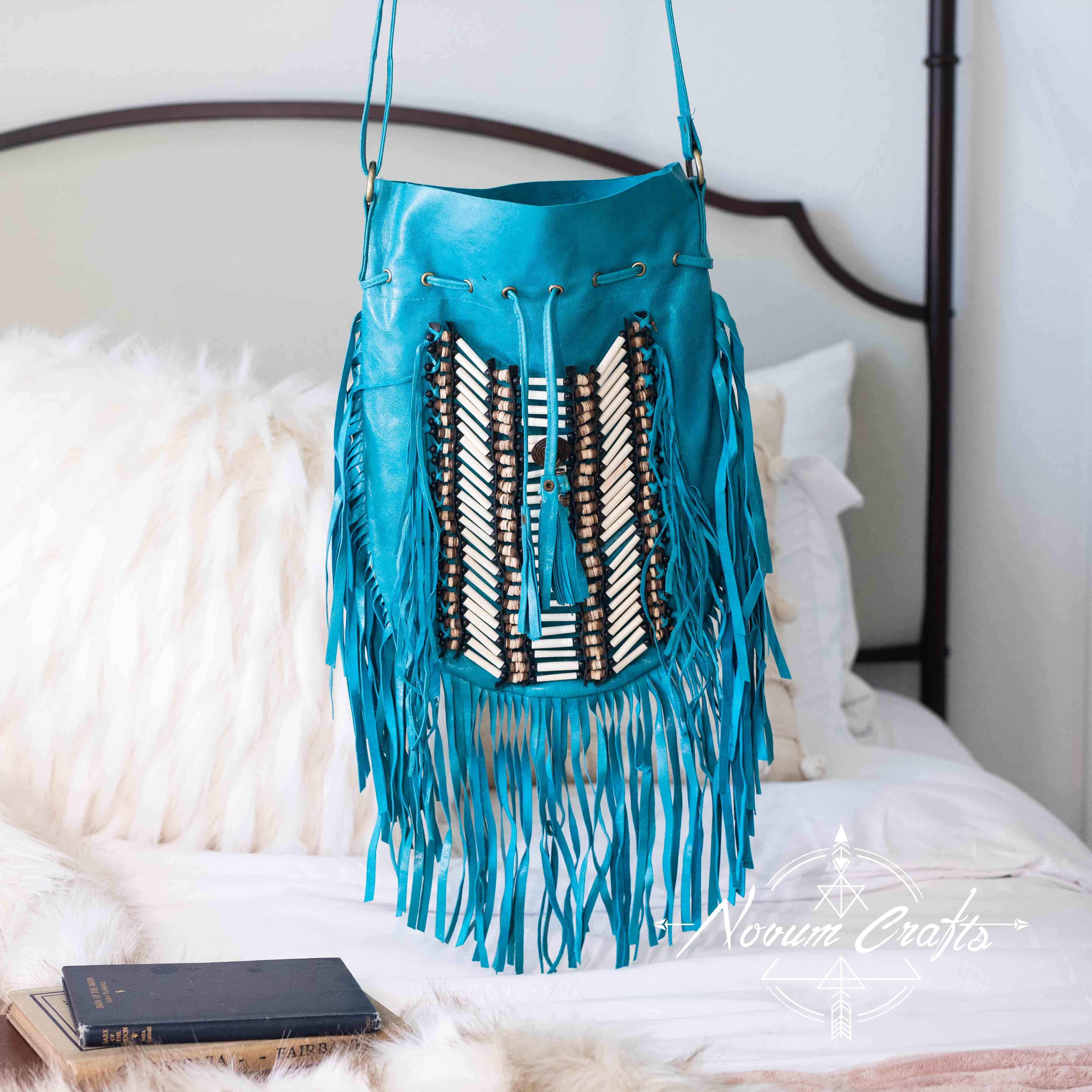 Brown & Cordovan Leather Fringe Handbag with Turquoise Stone