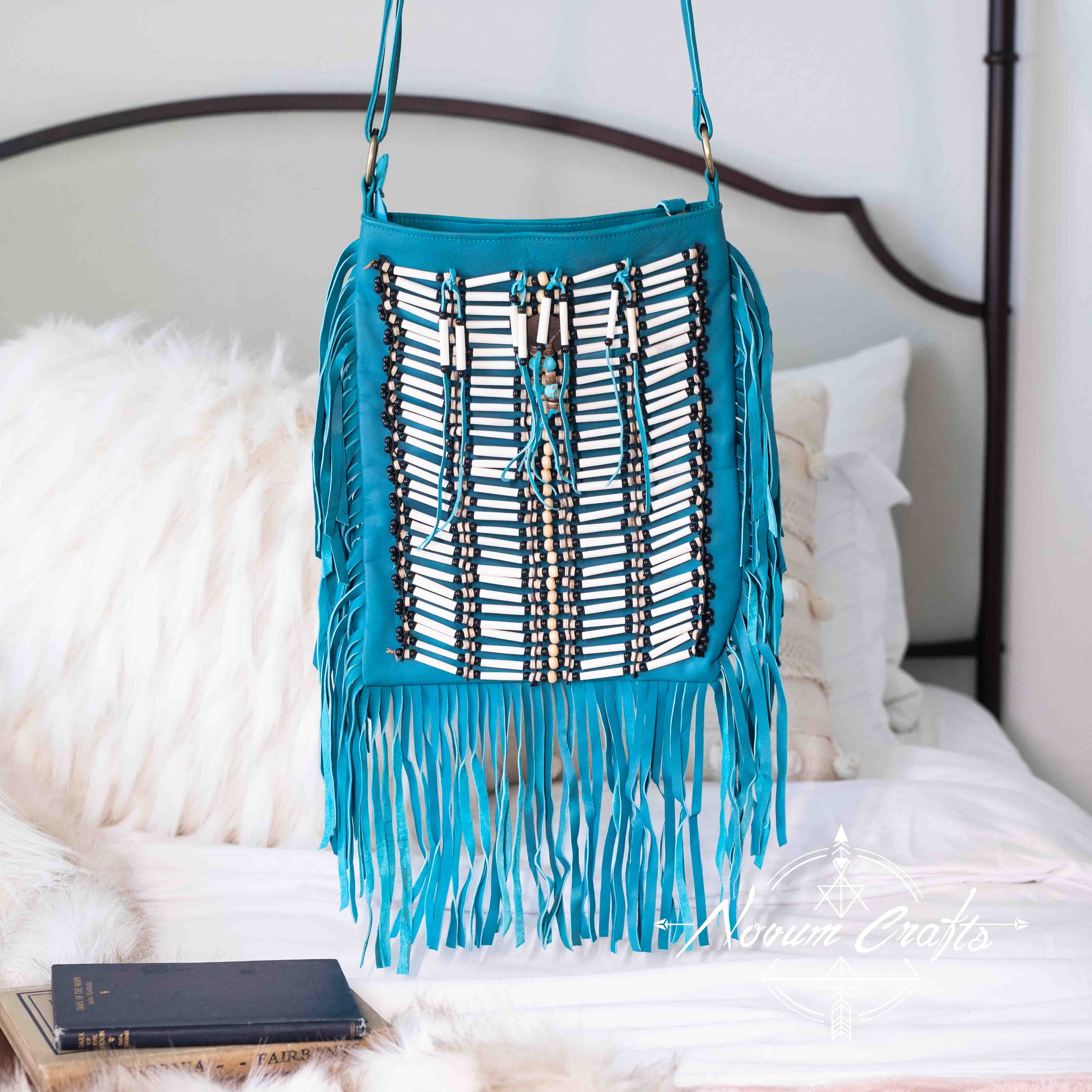 Turquoise Leather Bag With Fringe Detail - Small & Round