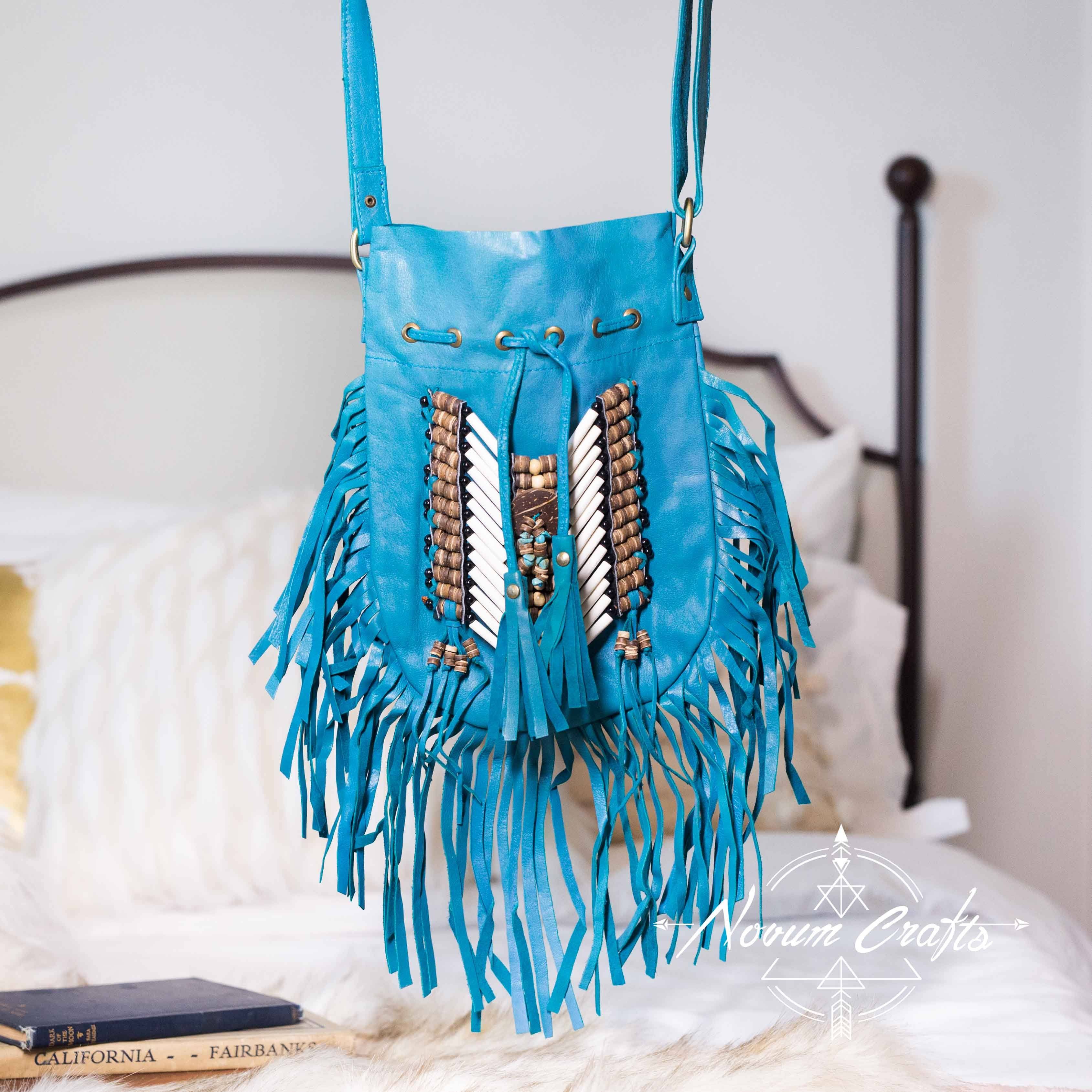 Turquoise Leather Bag With Fringe Detail - Small & Round