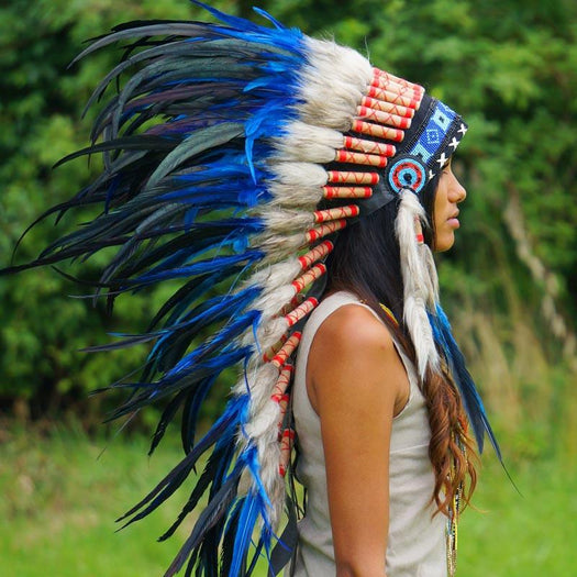 Indian Inspired ADJUSTABLE KIDS SIZE Feather Headdress Blue & White 