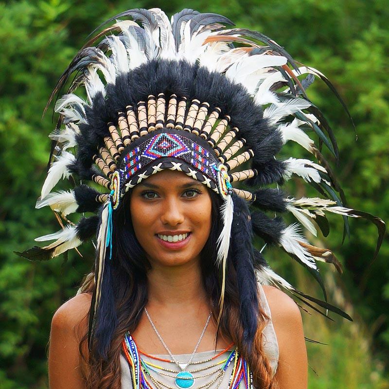 Black and White Mixed-Feathers Native American Headdress - 75cm ...