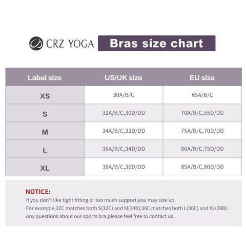 Simply Fit Factory CRZ Bra Size Chart