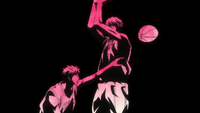 Akashi éloigne le ballon des mains de Midorima