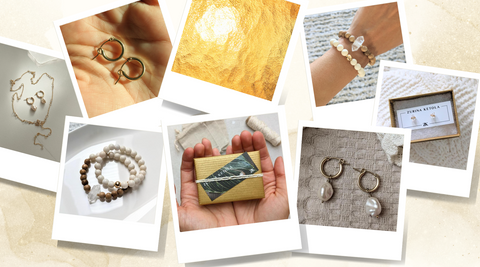 Mood board style image of haphazardly strewn polariod images of jewelry.