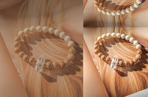 Overhead image of Zurina Ketola's Crystal Energy Bracelet in gorgeous sunlight on a warm golden background.