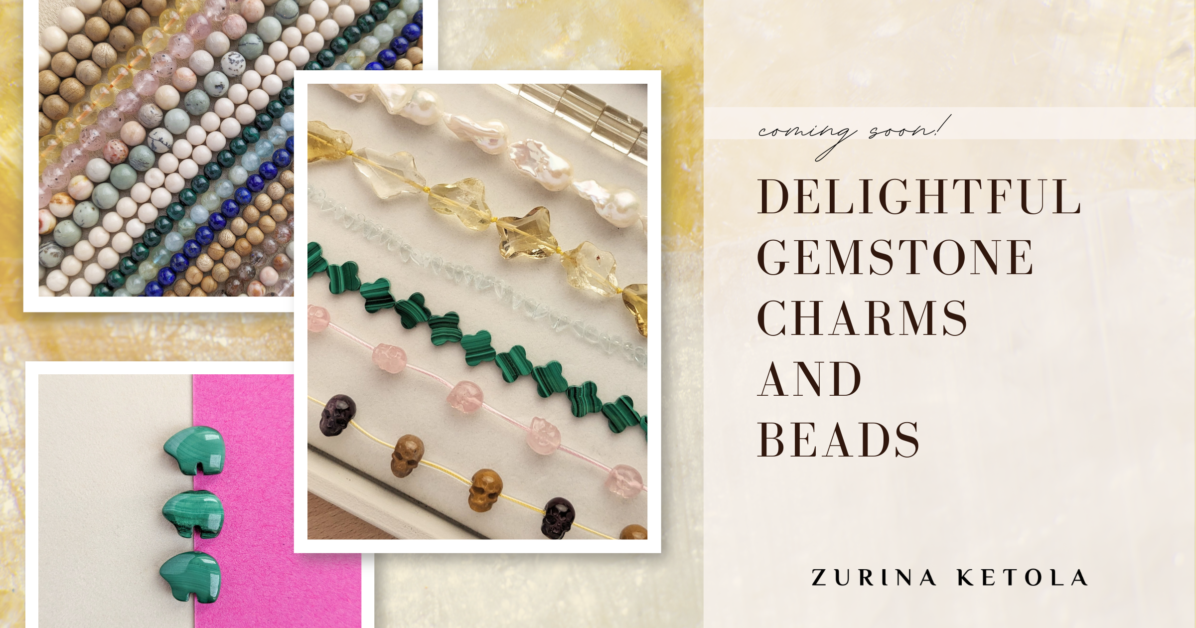 This image showcases a collage of Delightful Gemstone Charms and Beads. Bold carved gemstones, large organic pearls, and colorful beads are featured.