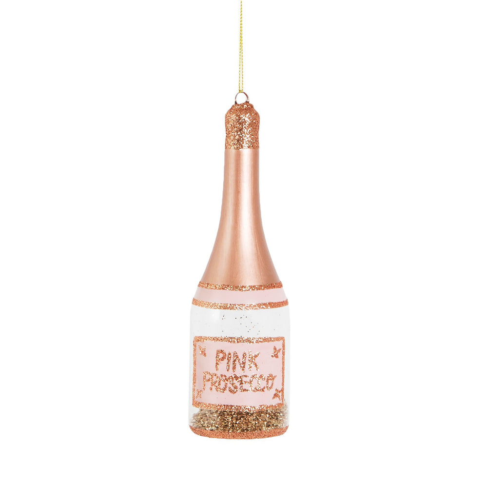 Rose Gold Glitter Pink Prosecco Bottle | Luxury Glass Christmas Bauble Tree Decoration