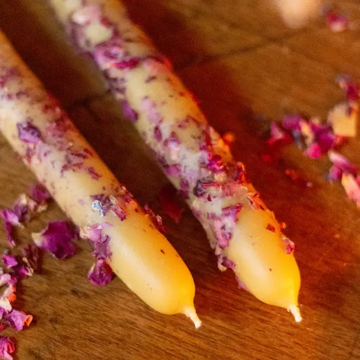 Hand Dipped Beeswax Taper Candle with Rose Petals