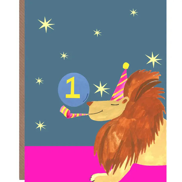 Age 1 Party Lion Birthday Greetings Card