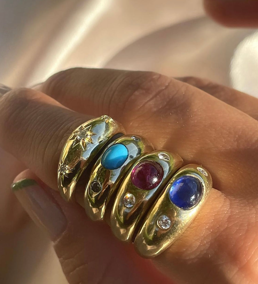 Stack of 14k Yellow Gold Stone Cabochon Flush Set Rings