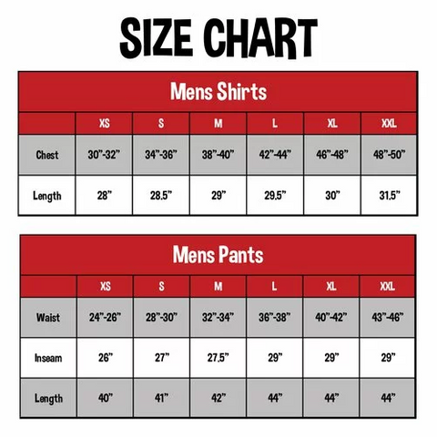 Mens Size Chart - Lazy One Brand - Apparel
