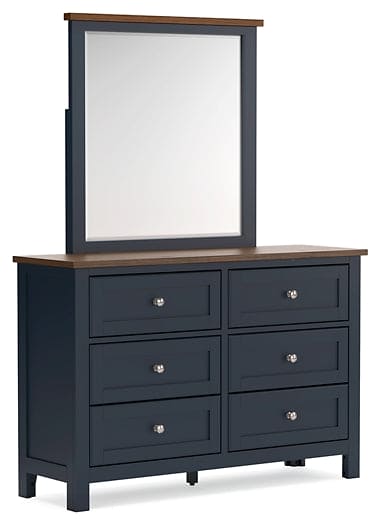 Landocken Bed with Twin Panels, Storage, an Accompanying Mirrored Dresser, and Chest