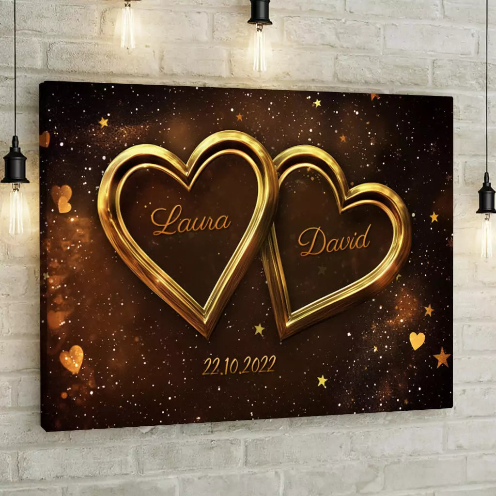 Personalisierte Leinwand glänzende Herzen | Mit euren Namen & Datum | Das perfekte Geschenk für Frau & Mann | Hochwertiger Rahmen | | Paar Leinwand