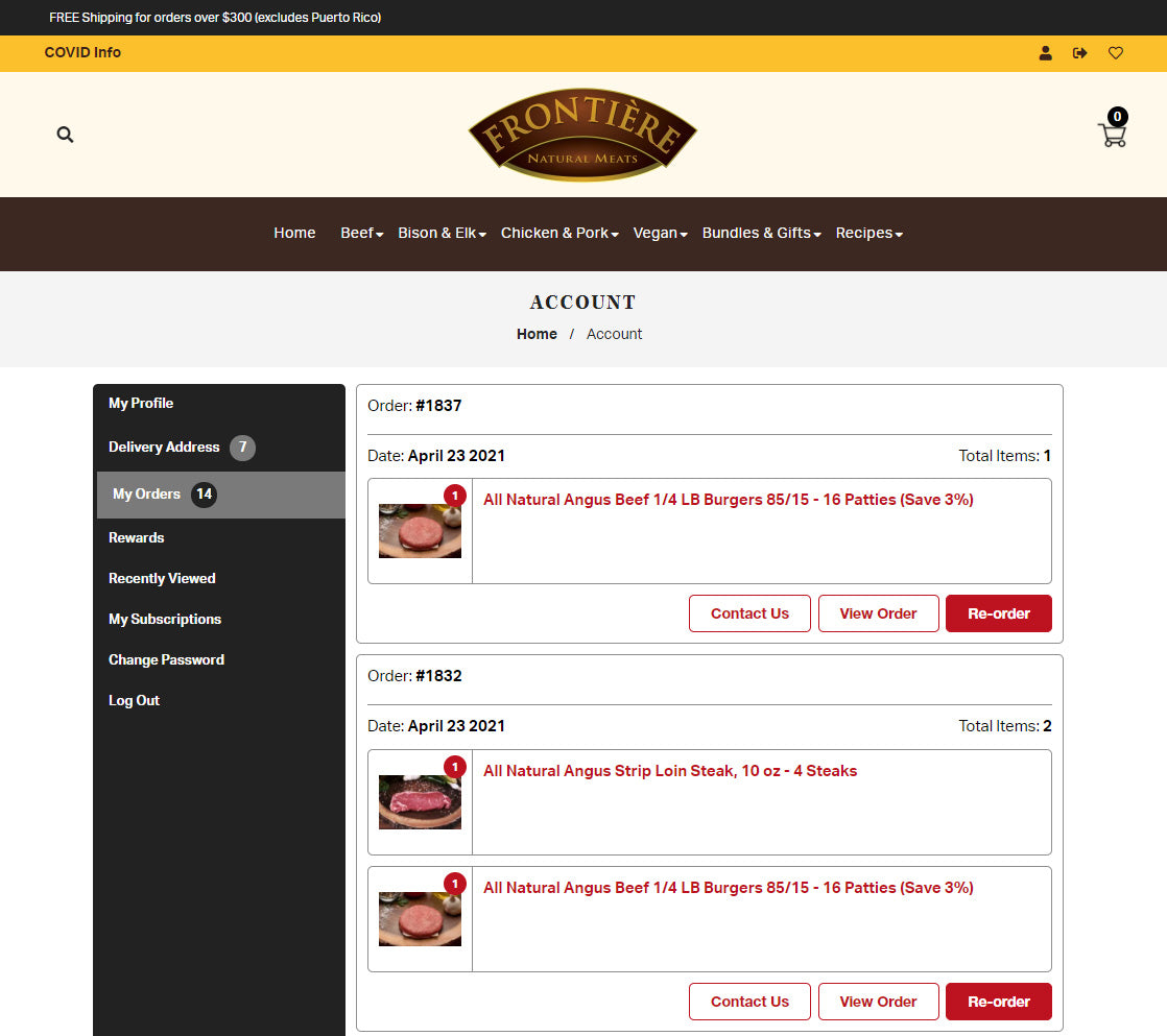 A customer dashboard on Frontière Natural Meats website